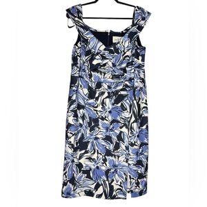 Joseph Ribkoff Blue Floral Off Shoulder Dress Size 20 Elegant Fit Midi Designer